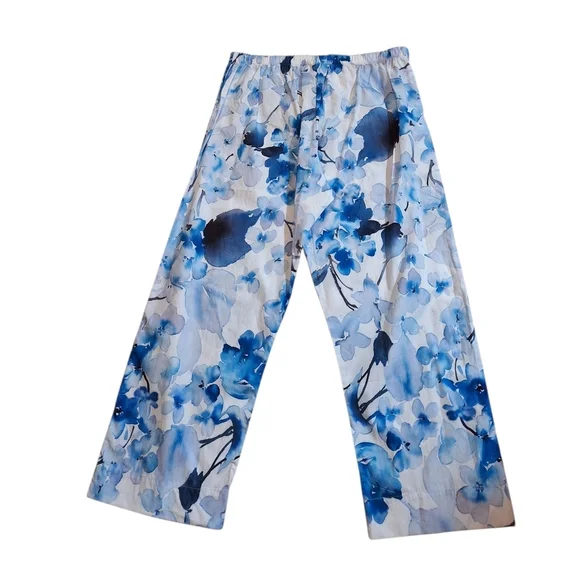Bryn Walker Blue Tropical Floral Cropped Capri Pants 100% Cotton Ladies Med NWT - Picture 3 of 5
